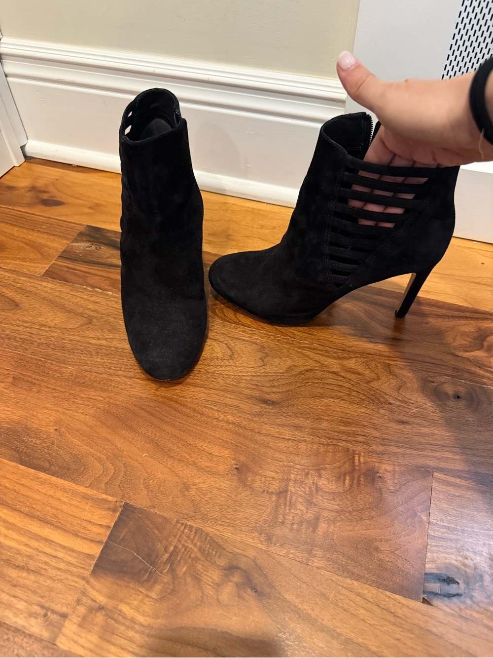 Via Spiga Black Suede Cutout Ankle Booties – Size 7.5